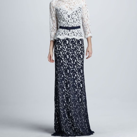 Elegant Tadashi Shoji Formal Illusion Lace Two-Tone Cream Black Gown W/ … - Picture 11 of 13